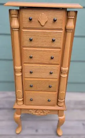 5 Drawer Oak Queen Anne Jewelry Box Chest Armoire with Mirror
