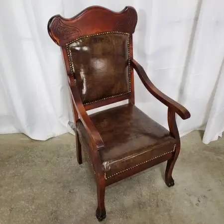 Vintage Mahogany Library Chair w/Carved Crest Rail