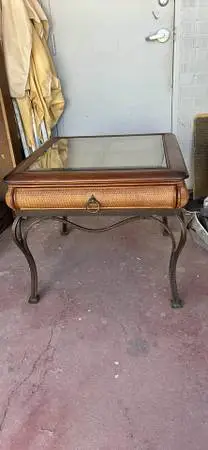 Vintage coastal woven rattan glass-top and wrought iron side table