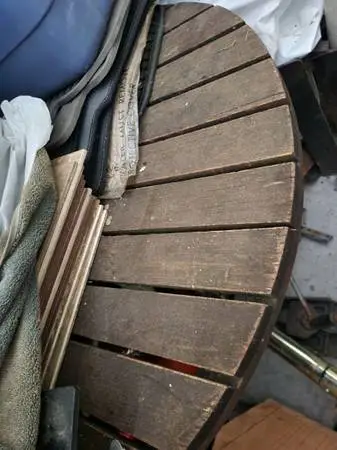 Redwood and steel framed patio table