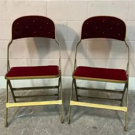 Pair of VTG Clarin Gilt Folding Chairs w/ red velvet-1930s