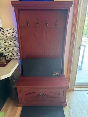Moving Sale! Rustic Red Wood Hall Tree:) Has Seat, Hooks & Storage!