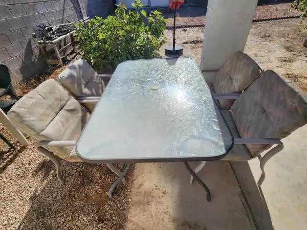 Rectangular Outdoor Tempered Glass Patio Table w/ Umbrella Hole & 4 Metal Chairs