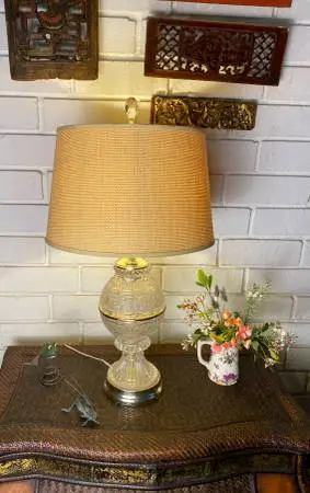 Vintage Lamp circa 60s w/ Linen Shade,  Crystal & Gold Base