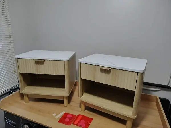 Brand New Set of 2 Oak Fluted End Tables with Storage
