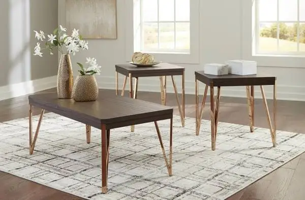 Ashley Bandyn Contemporary Table Set with Steel Legs, Set of 3, Dark Brown & Met