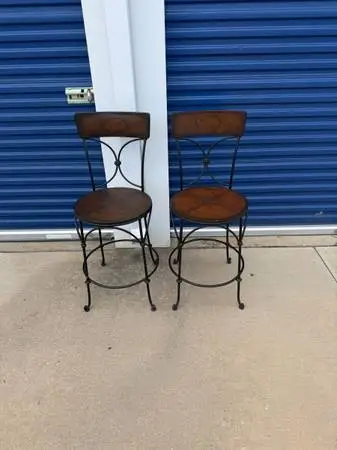 Two like new Bar height chairs-black iron bars, brown seats - quality