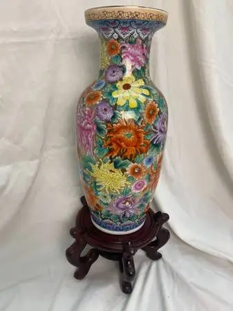 Exotic Porcelain Vase Hand Painted in Spectacular Color w/ Stand