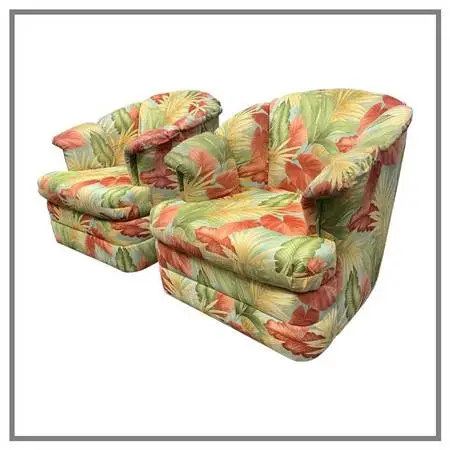 Yum Yum Tree Botanical Print Swivel Chairs, Pair. Estimated Price: $4,