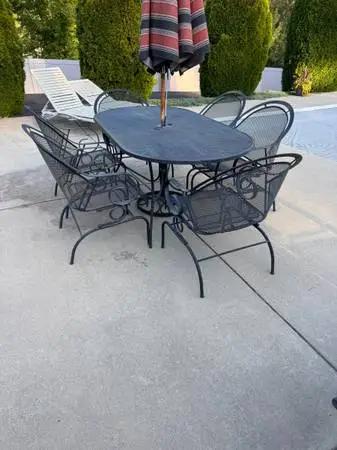 Outdoor Black Wrought Iron Table W/6 Chairs, Umbrella & Stand!!