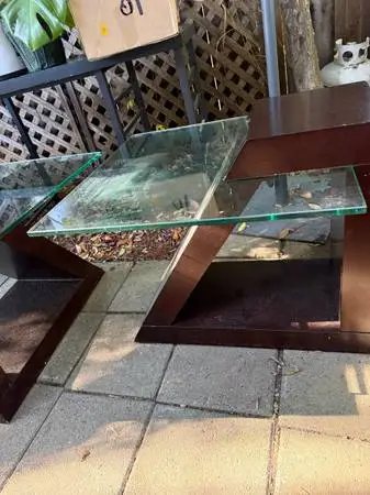 2 square glass and wood living room corner tables