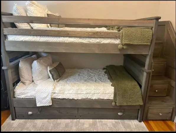wooden bunk bed with built-in staircase storage available for sale