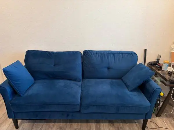 Blue velvet love seat - less than 6 months old