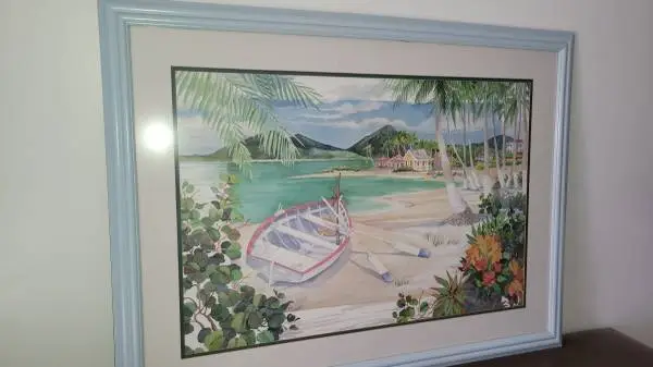 ORIGINAL WATERCOLOR PICTURESQUE BEACH SCENE PROFESSIONALLY FRAMED