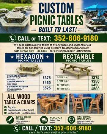 🪵 CUSTOM PICNIC TABLES – BUILT TO LAST! 🪵
