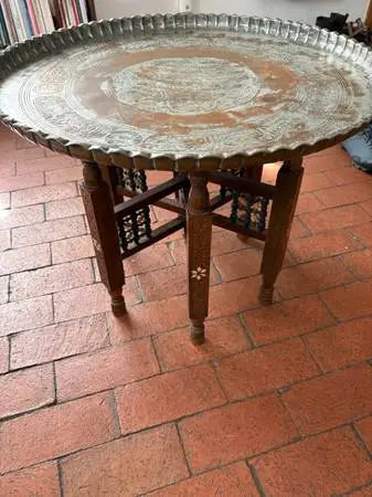 Vintage Middle Eastern Engraved Copper Tray Table: Folding Inlaid Legs