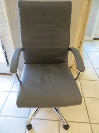 Office Chair Grey Leather Chrome Seat Adjustable LIKE NEW!