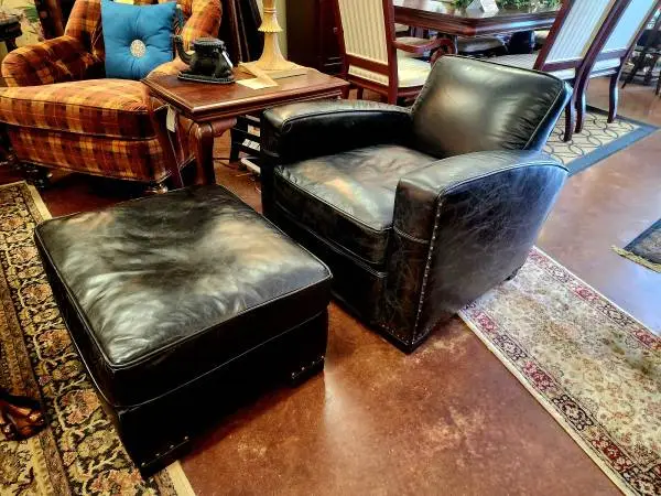 Restoration Hardware Black Leather Club Chair and Ottoman