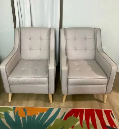 Pair of Taupe Gray Fabric Armchairs