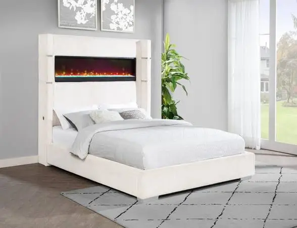 Wingback Queen Bed in Soft Cream Fabric with Flame Box!