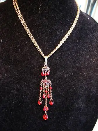 Vintage Red Crystal Pendant Necklace on Double Gold Tone Chain $15