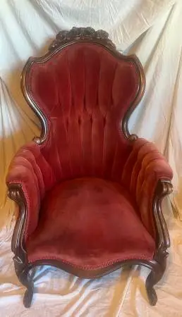 Antique Victorian Rococo Revival Carved Wood Red Parlor Armchair