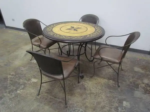 Round table and 4 chairs wrought iron & mosaic faux stone tabletop