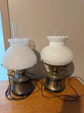 Pair of Vintage Hobnail Milk Glass Electric Hurricane Lamps