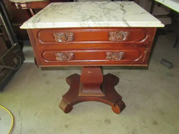 MARBLE TOPPED TABLE CARVED ROSES DRAWERS