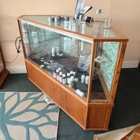 Angled Oak Glass Counter Showcase - Locked & Lighted Store Fixture