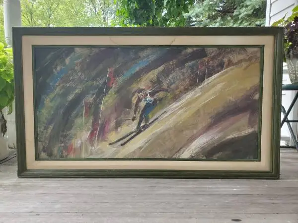 Mid Century Impressionist Painting of Slalom Skier by Magnus Engstrom