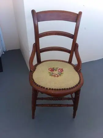 Vintage Wood Side Chair w/ Hand-stitched Needlepoint Seat