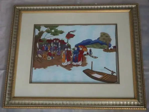 Vintage Asian Oriental Hand Embroidery Framed Art Work