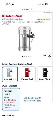 KitchenAid Semi-Automatic Espresso Machine in brushed stainless steel