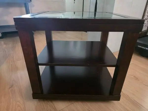 Pair of Dark Wood End Tables with Beveled Glass Insert Top