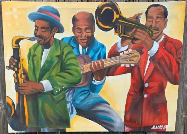 Vintage large size original oil painting on canvas, Jazz motif