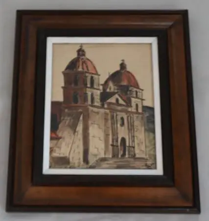 Watercolor Painting of California Santa Barbara Mission signed