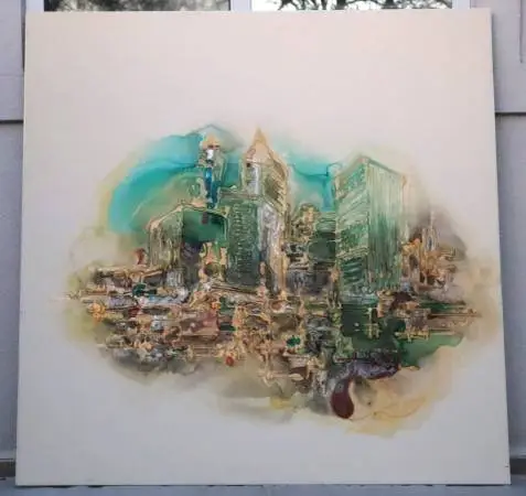 Acrylic cityscape painting on tile Denver Colorado 49 x 49 (signed)