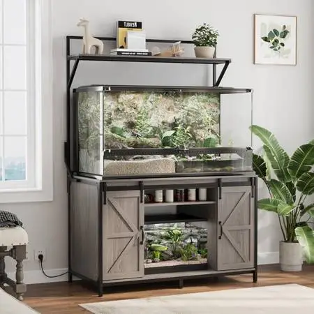 48x24 Reptile Tank Stand with Power Outlet & Storage Cabinet, Grey Fits up to