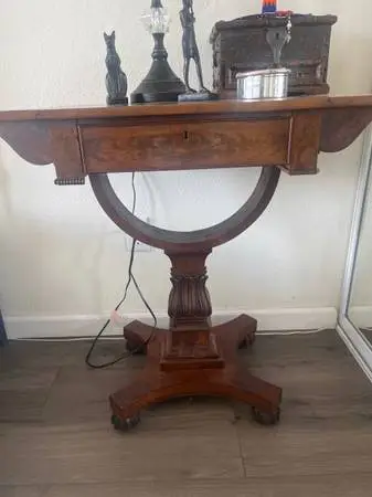 19th Century Antique Drop-Leaf Pedestal Work Table / Desk
