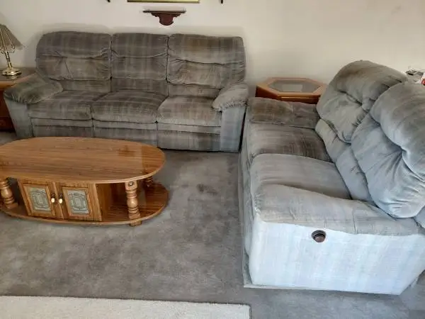 RECLINER COUCH, LOVE SEAT, COFFEE, AND END TABLES