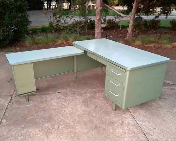Mid Century Modern Industrial Steelcase L-Shaped Tanker Desk
