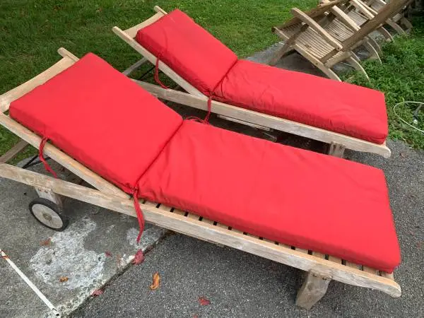 2 x teak outdoor patio loungers with cushions