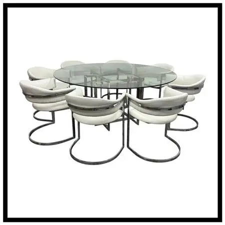 Contemporary Glass Dining Table + Eight White Leatherette Dining Chair