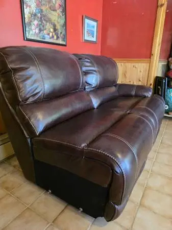 American Signature Brown Faux Leather Reclining Sectional with Chaise