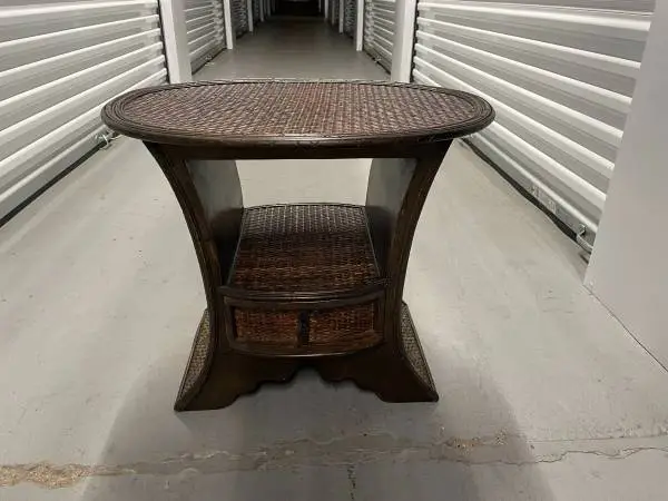 Dark Wicker Side Table w/Drawer + Mid-Shelf