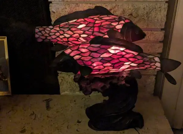 Bronze Double fish Stain Glass Lamp Vintage Rare Heavy