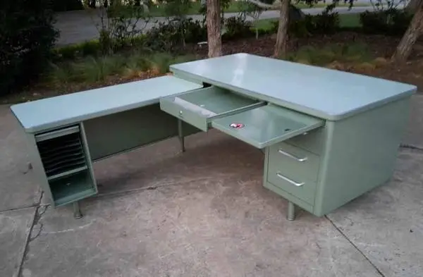 Mid Century Modern Industrial Steelcase L-Shaped Tanker Desk