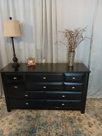 Beautiful wood , black , triple dresser, 57x18x32tall