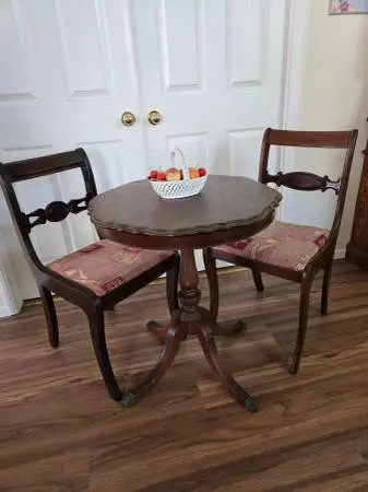 Wood Bistro table, 2 vintage chairs